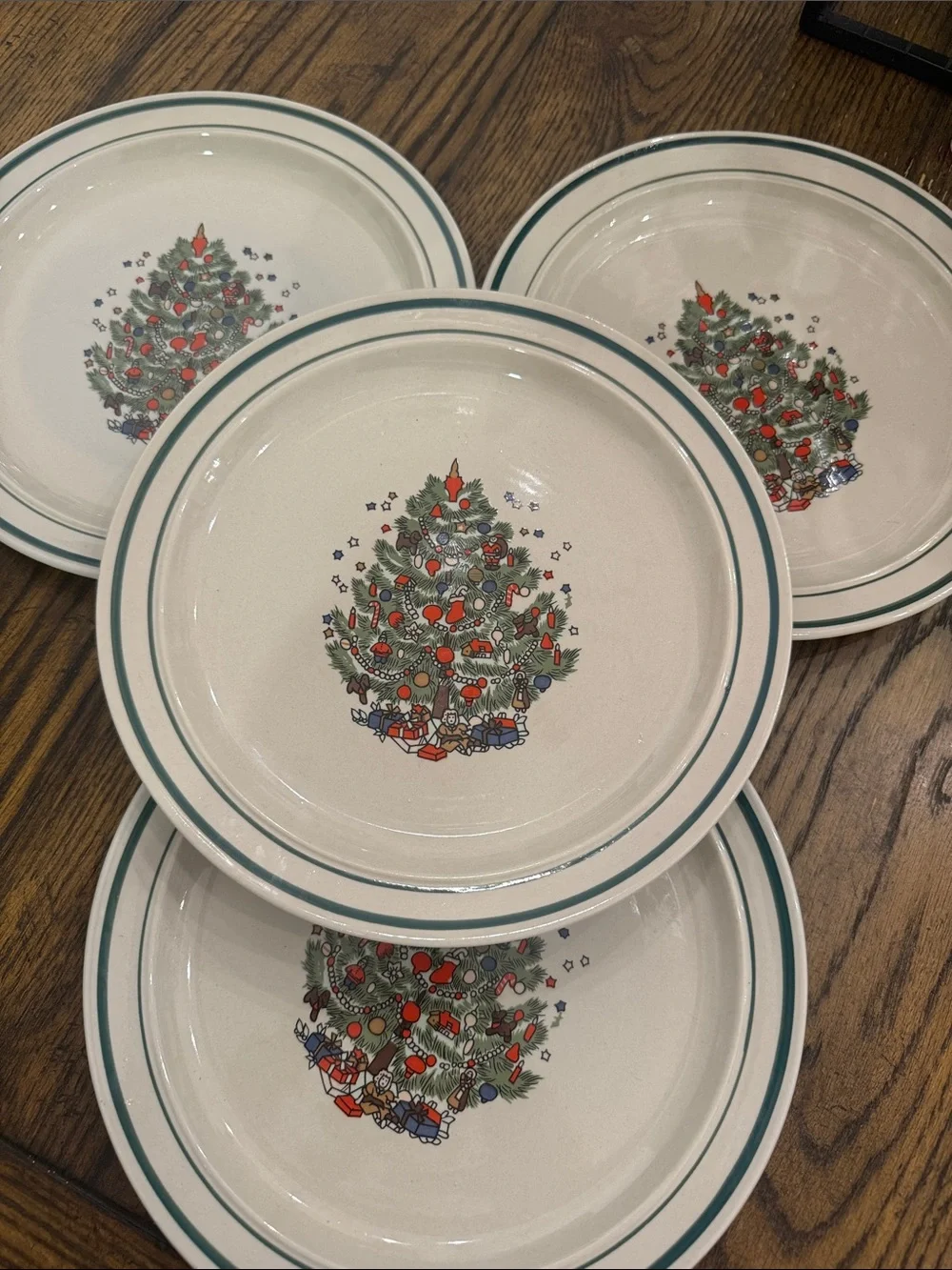 Set off 4 Rare STONEWARE CHINA Christmas 10” Tree Plate